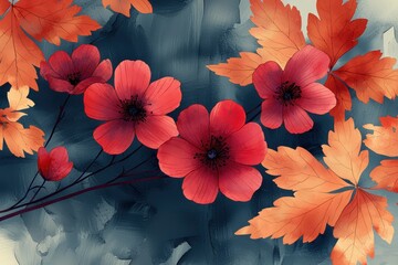 Vibrant Floral Pattern with Red Flowers and Orange Leaves