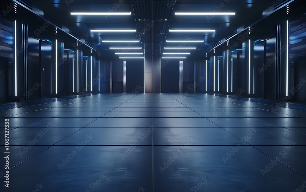 Poster A sleek, modern data center with illuminated pathways and reflective surfaces, highlighting an advanced technological environment.