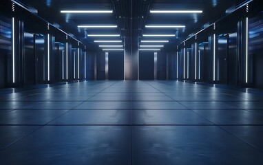 Naklejka premium A sleek, modern data center with illuminated pathways and reflective surfaces, highlighting an advanced technological environment.