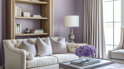 Modern Living Room with White Sofa, Bookshelf, and Flowers