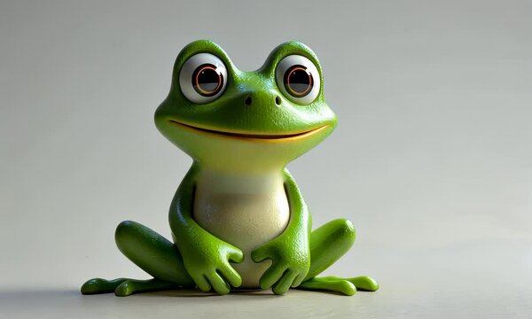 A cartoon-style 3D frog sitting comfortably, with a cheerful expression and bright green skin. The design features large eyes and a playful posture, perfect for children's illustrations or animations.
