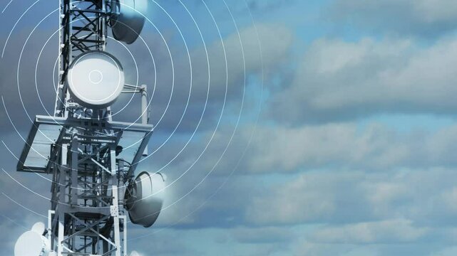 antenna tower as phone base station with radio wave animation on time lapse cloud sky background, motion concept with copy space for wireless communication for tv, internet, mobile communication