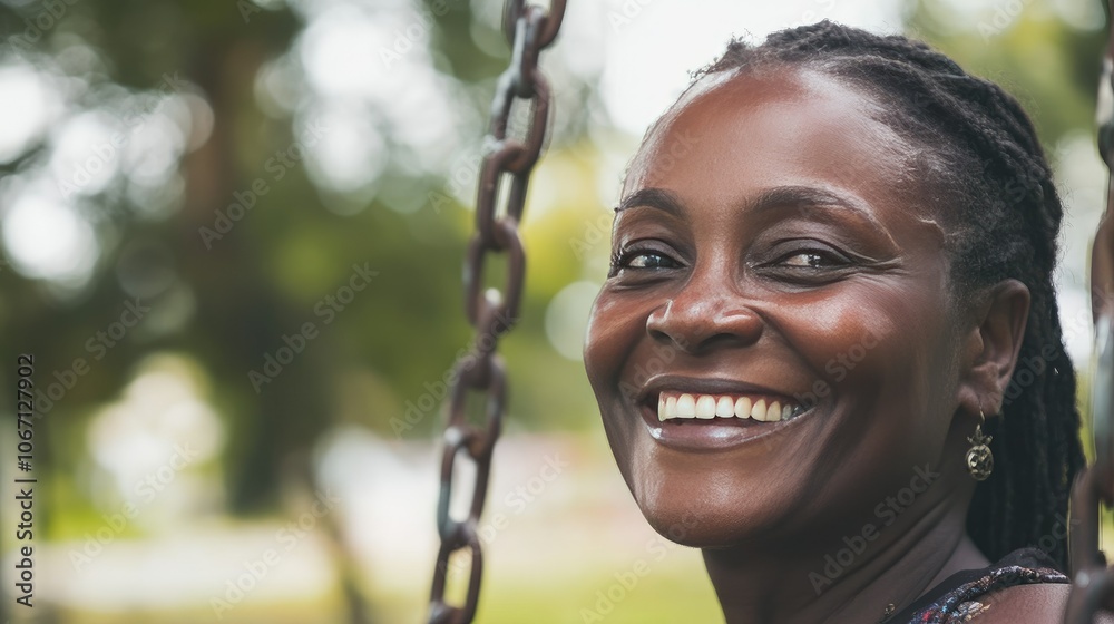 Wall mural joyful woman smiling on a swing in nature