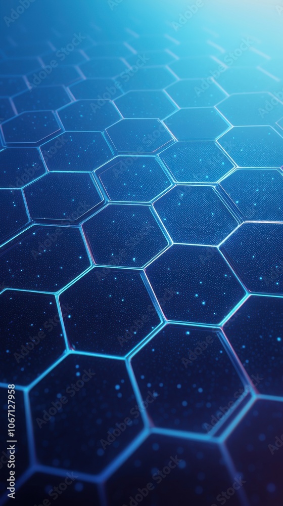 Poster futuristic hexagonal pattern with glowing lines and a deep blue gradient background, creating a high