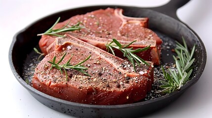 Fototapeta premium Close up View of a Juicy Raw T Bone Steak Seasoned with Fresh Rosemary Coarse Ground Black Pepper and Kosher Salt Prepared and Ready to be Grilled for a Delicious Homemade Dinner or Lunch Meal