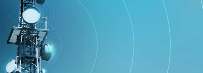 antenna tower as phone base station with radio wave animation on blue background banner, motion concept with copy space for wireless communication for tv, internet and mobile communication