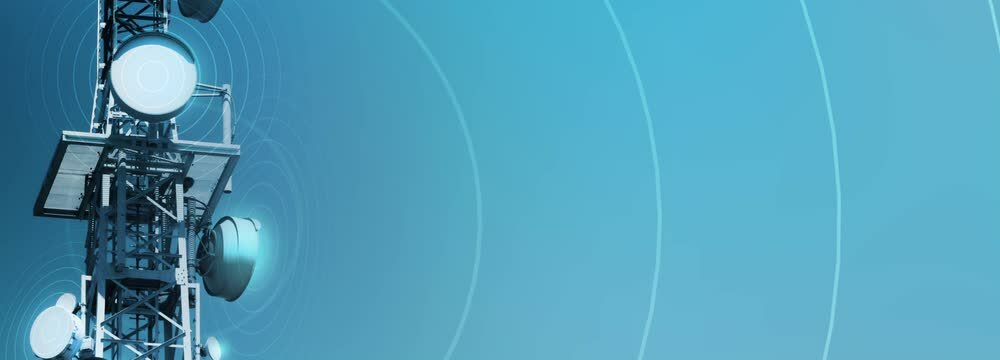 antenna tower as phone base station with radio wave animation on blue background banner, motion concept with copy space for wireless communication for tv, internet and mobile communication
