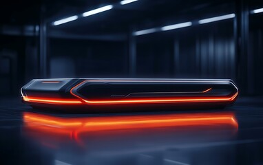 A sleek, modern device with futuristic design elements and glowing red accents, set against a dark, industrial background.