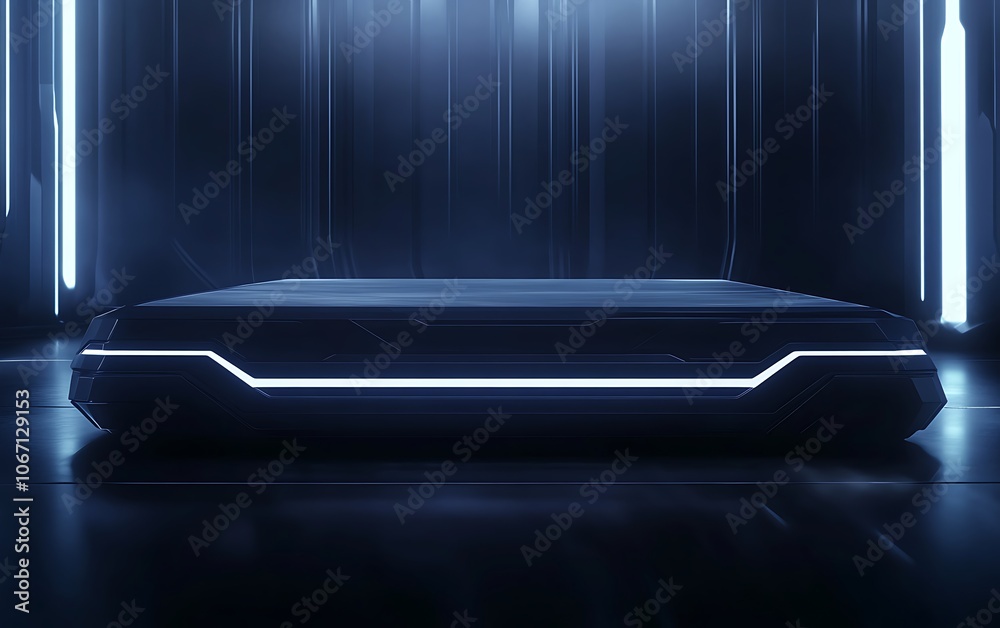 Poster a futuristic platform illuminated by soft blue light, set against a sleek dark background, suggestin