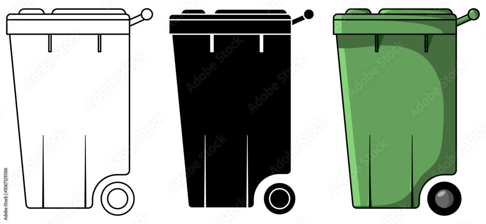 Fototapete Set of Wheelie Bin flat vector elements in black and white and colour cartoon versions isolated on a transparent background