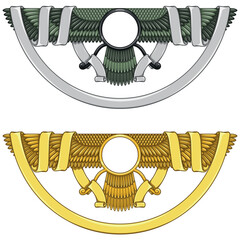 Vector design of Faravahar symbol, symbol of Zoroastrian religion, winged sun disk surrounded with ribbon