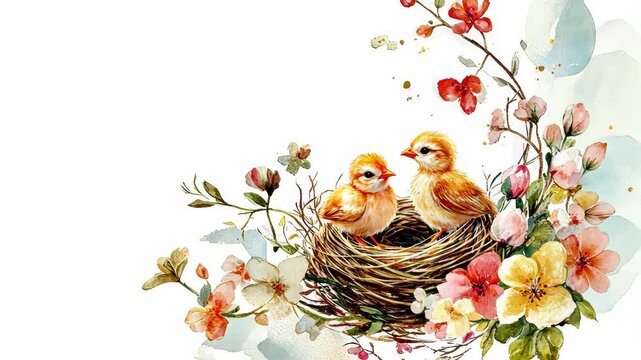 Delightful Easter card design with a watercolor depiction of a spring nest, chicks, and floral accents, isolated on a clean white background. Perfect for holiday invitations or greetings.