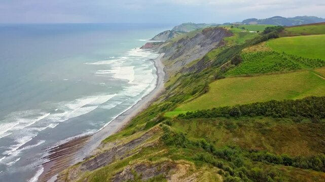 Aerial view of the Flysch Begiratokia is part of the basque coast. Deba, Gipuzkoa, Spain.