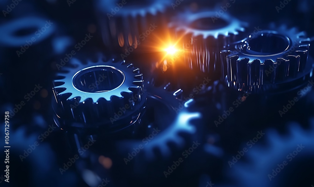 Poster A close-up of interconnected gears, illuminated by a soft light, showcasing mechanical intricacies and highlighting engineering precision.