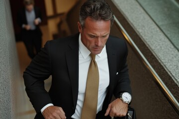A business professional in a dark suit and tie climbs stairs with purpose and determination, representing ambition and drive in a sophisticated commercial setting.