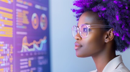 Woman analyzing data on screen with futuristic interface and purple hair