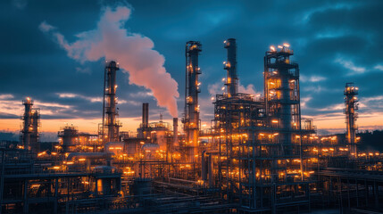 A bustling industrial landscape at dusk, with illuminated refinery structures emitting smoke against a dramatic sky.