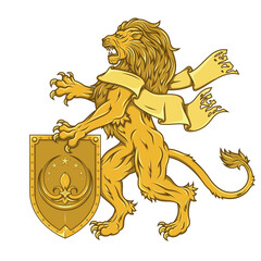 Rampant lion with ribbon and shield from medieval age, heraldic feline of European royalty