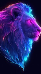 Fototapeta premium A stunning neon lion head illustration with vibrant blue and pink hues, showcasing its majestic mane and fierce gaze.