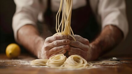 Closeup of a chef s hands kneading and preparing homemade pasta dough with fresh flour and ingredients on a wooden table or counter in a restaurant or home kitchen setting