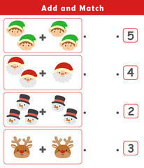 Fototapeta premium Christmas activity sheet. Addition for Kids. Fun Math Logic Puzzles for Kids. Math Game with Cute Christmas Pictures. Math Activities for Children. 