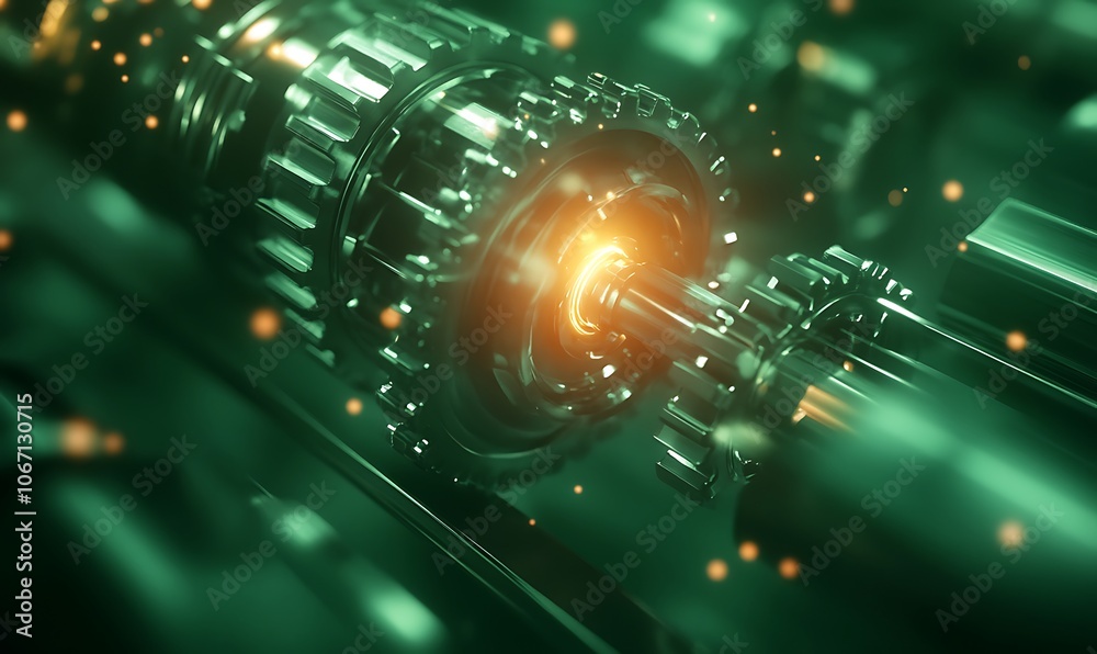 Leinwandbilder A close-up view of a mechanical component with a glowing effect, emphasizing intricate gears and a vibrant, energetic light.