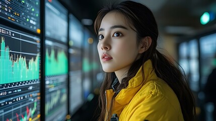 Female IT expert monitoring server performance on a tablet, with an array of digital readouts and server lights in the background