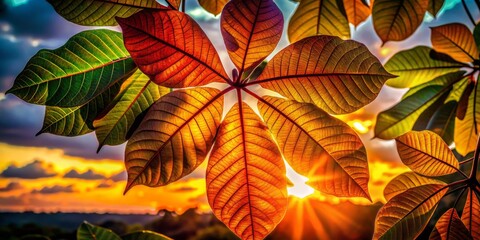 Fototapeta premium Stunning Silhouette Photography of Kapok Leaves in Vibrant Colors Captured in Close-Up, Showcasing Nature's Beauty and Intricate Details of Each Leaf