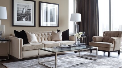 Fototapeta premium Modern Living Room with Grey Sofa, Glass Coffee Table, and City View