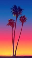 Obraz premium Silhouetted palm trees against a vibrant sunset, showcasing hues of orange, pink, and blue in the sky.