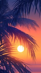 Obraz premium A stunning sunset view with silhouette of palm trees against vibrant orange and purple hues.
