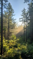 A dense forest with tall trees, a green carpet of grass under the canopy, and mist rising from between them