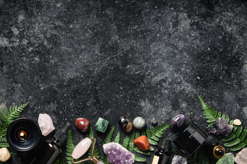 Healing Crystals and Ferns on Dark Background