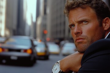 A serious man in a suit leans on a post in a bustling city street, reflecting the interplay of urban tension and the individual's thoughtful, watchful role.