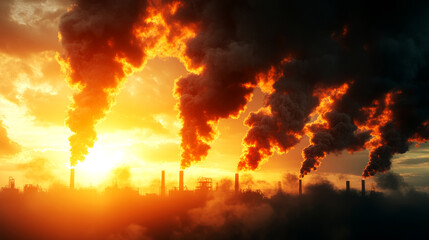 Factories emitting dark clouds of CO2 against a withering landscape, representing negative ecological impact