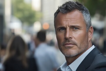Fototapeta premium A determined man with salt-and-pepper hair stands in a bustling urban environment, observing his surroundings closely with a serious look during daylight hours.