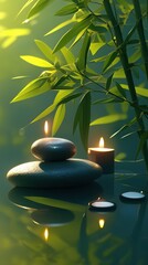 Naklejka premium Tranquil scene featuring zen stones, flickering candles, and bamboo leaves, exuding calmness and serenity.