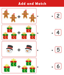 Christmas activity sheet. Addition for Kids. Fun Math Logic Puzzles for Kids. Math Game with Cute Christmas Pictures. Math Activities for Children.	