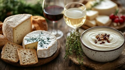 A beautiful cheese platter is showcased with glasses of red and white wine. Fresh herbs and crackers complement the selection. Perfect for gatherings or special occasions. AI