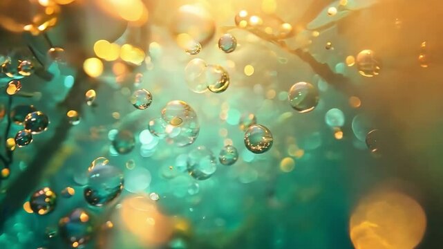 A cluster of shimmering gold bubbles floating in a deep blue ocean. The bubbles are scattered throughout the scene, creating a sense of movement and energy