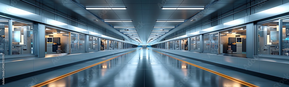 Aufkleber a futuristic corridor with bright lighting and sleek design, featuring transparent panels and a refl