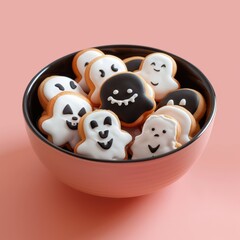 Bowl of Halloween Cookies on Pink Background