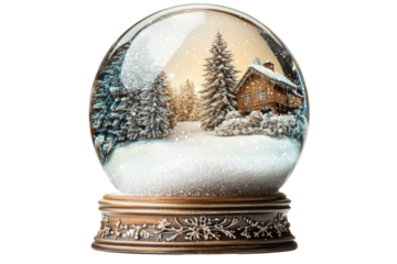 A beautiful snow globe featuring a serene winter scene with a cozy cabin and snow-covered trees, evoking a magical holiday atmosphere.