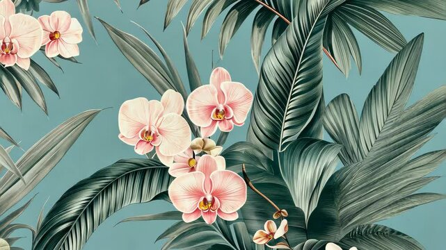 Charming tropical seamless pattern with vintage-inspired palm leaves and orchids, beautifully illustrated. Ideal for exotic jungle-themed wallpapers and textile designs.
