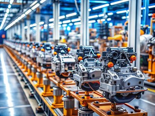 Tilt-Shift Photography of New Manufactured Car Engines on Automated Production Assembly Line in a State-of-the-Art Car Factory, Showcasing the Efficiency of Modern Automotive Manufacturing