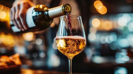 Bartender pouring white wine into a glass.