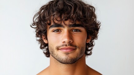 Fototapeta premium Handsome Young Man Portrait Curly Hair Closeup Face Skin