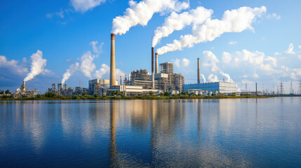 Obraz premium A serene landscape featuring an industrial plant against a clear blue sky, with smoke billowing from its chimneys and a reflective water surface in the foreground.