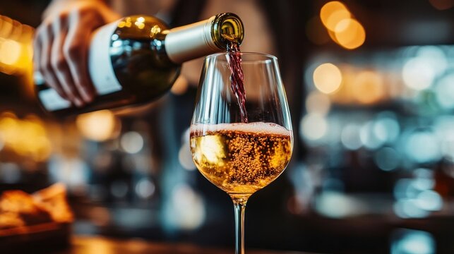 Bartender pouring white wine into a glass.