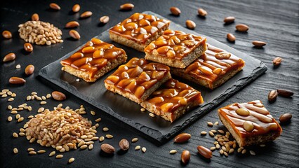 Top View of Caramel-Coated Sunflower Seed Bars on Black Background, Showcasing the Delightful Oriental Dessert Kozinak for Culinary Photography Lovers